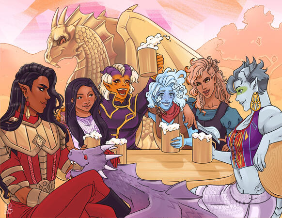 A diverse group of adventures drink frothy golden tankards of mead around a table to celebrate the conclusion of their adventure