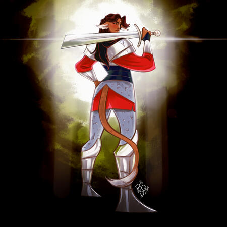 A paladin stands in a forest, backlit by radiant light