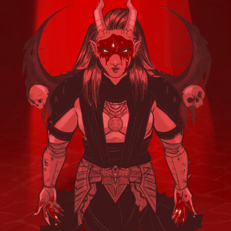 A man with glowing eyes and horns walks through a lake of blood.