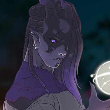 Obsidian, a dark skinned tiefling, holds a hovering ball of bright white light.