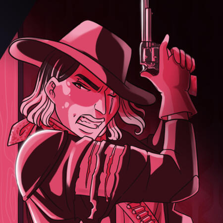 A cowgirl holds her gun at the ready, clawmarks torn in the arm of her jacket.