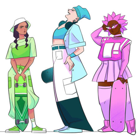 A lineup of "magical girl" skaters in various bright colors.