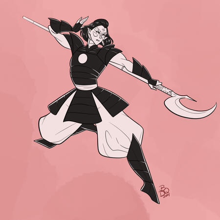 Ruyi, a yuan-ti barbarian, leaps with their halberd outstretched.