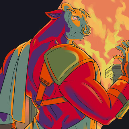A minotaur stands before a flaming city, wearing an expression of utter contempt.