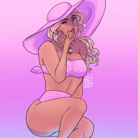 A voluptuous blonde elf woman poses coquettishly in a pink bikini and wide brimmed pink sunhat.