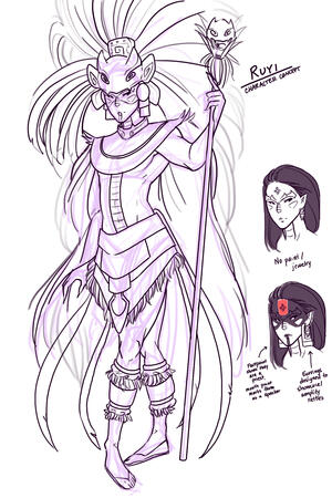 A sketch of Ruyi, a snake person, dressed in priest’s garb, with an elaborate feathered headdress